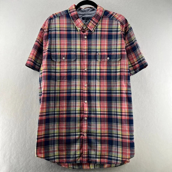 Tommy Hilfiger Plaid Shirt Mens Size 2XL Slim Fit Short Sleeve Cotton Red Blue - Picture 1 of 12